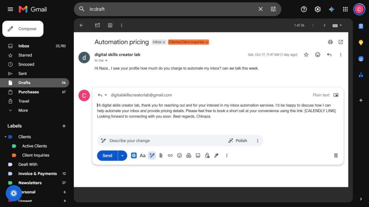 AI Inbox Assistant: Inquiry labelled and a reply waiting in Gmail drafts